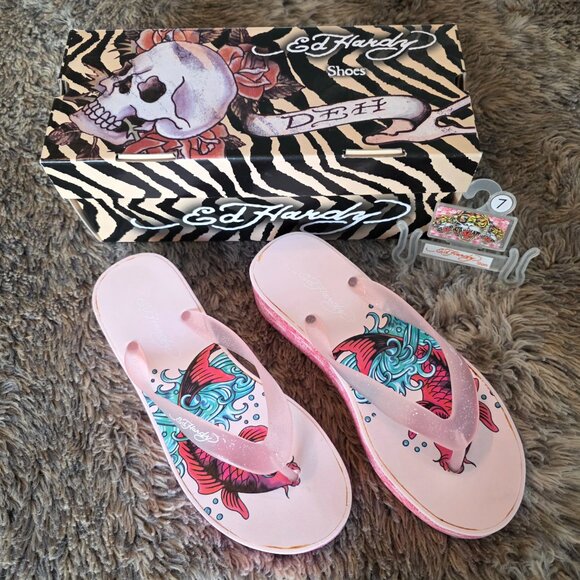 Ed Hardy koi fish graphic wedge Flip Flop sandal in original box 7 - Picture 2 of 11